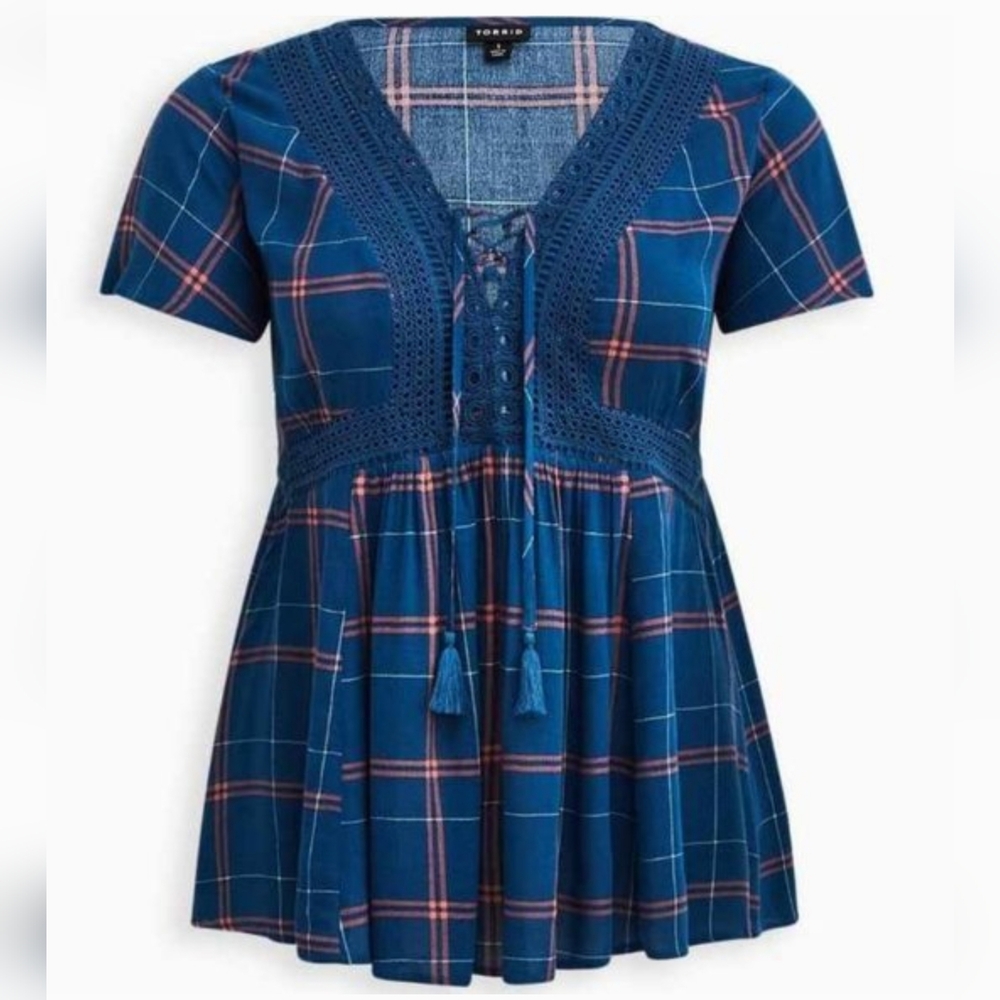 Torrid 2 2X 18/20 Blue Plaid Crochet Lace Gauze Knit Babydoll Short Sleeve Top